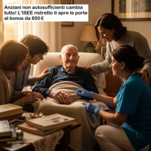 Anziano che riceve assistenza domiciliare con famiglia e assistente